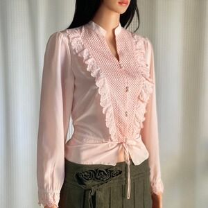 Vintage Pink Crochet Lace Trim Ruffle Blouse Victorian Cottagecore Retro Size S